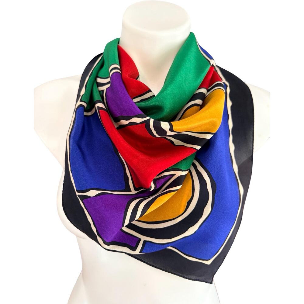 Vintage Echo Silk Chiffon Scarf Geometric Circles Primary Colors Bold 33x34 - Picture 2 of 11